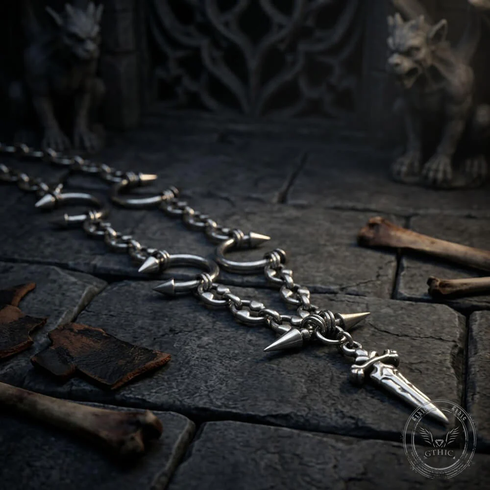 Street Punk Horseshoe Studded Sword Stainless Steel Necklace