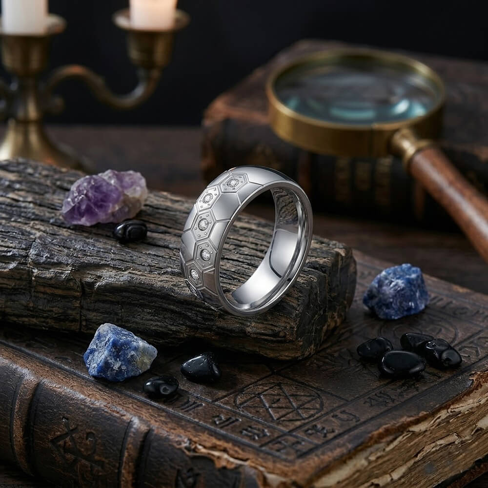 Simple Gem Hexagon Pattern Soccer Stainless Steel Ring