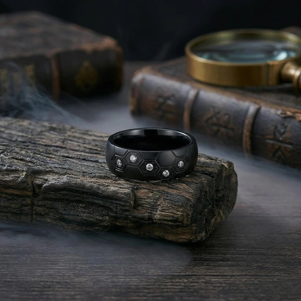 Simple Gem Hexagon Pattern Soccer Stainless Steel Ring
