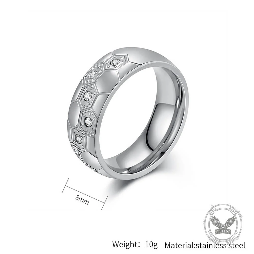 Simple Gem Hexagon Pattern Soccer Stainless Steel Ring