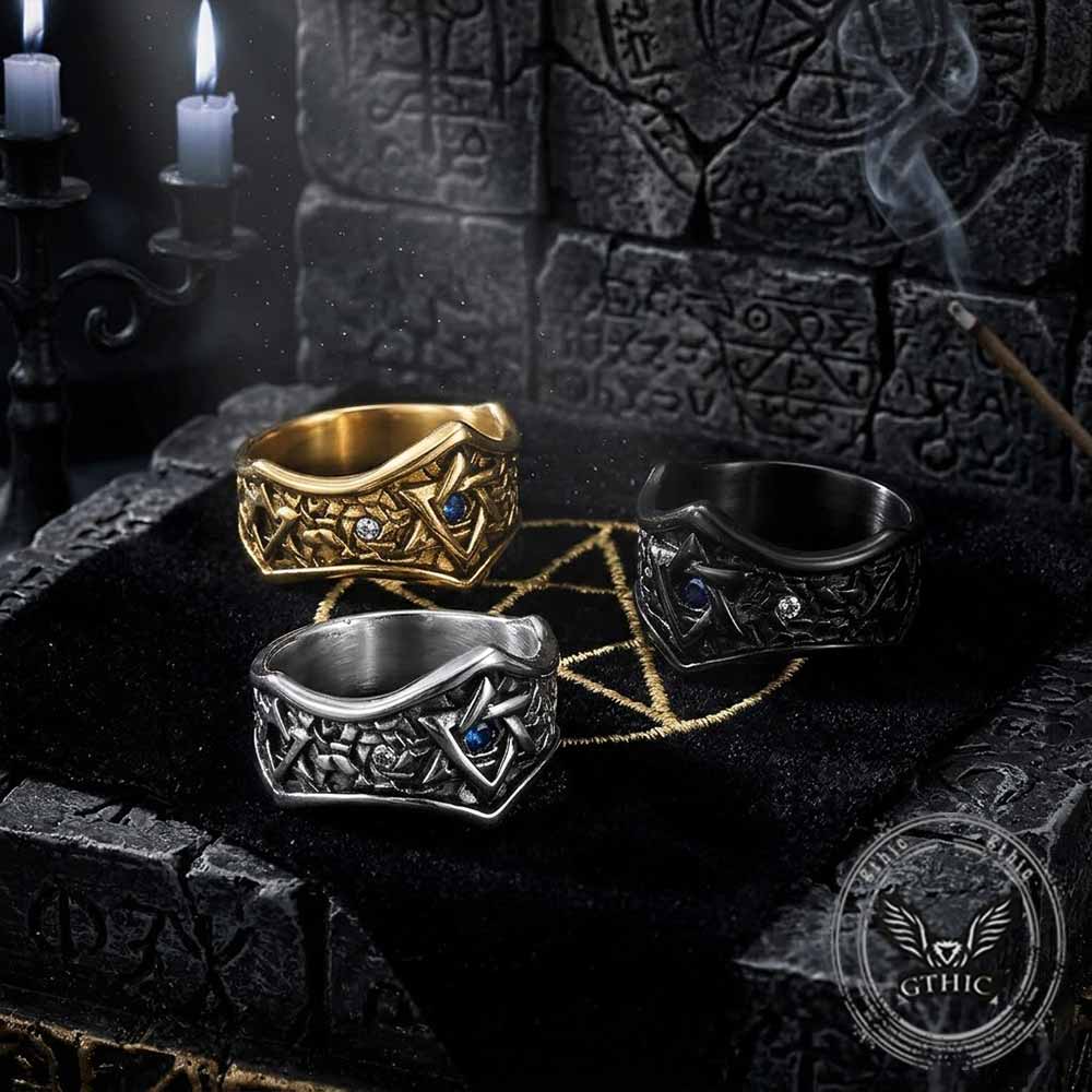 Hexagram Blue Gemstone-Set Stainless Steel Ring