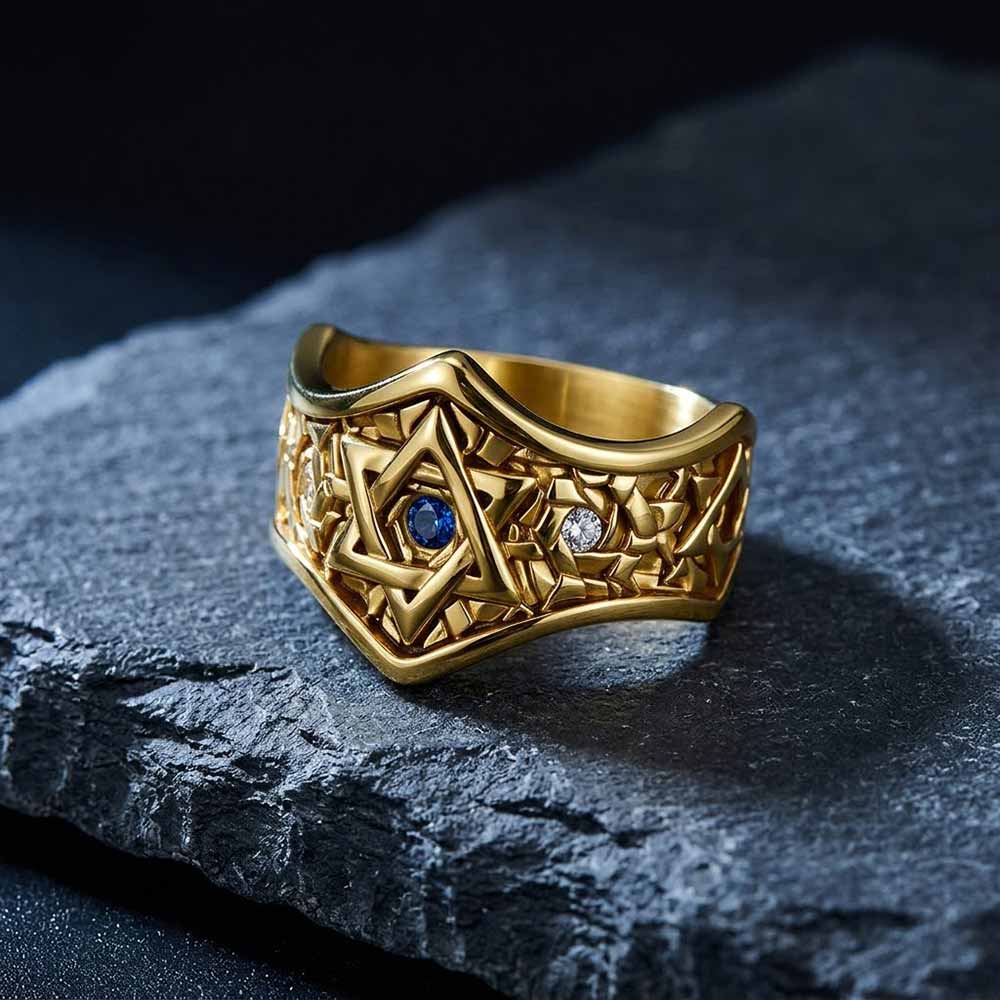 Hexagram Blue Gemstone-Set Stainless Steel Ring
