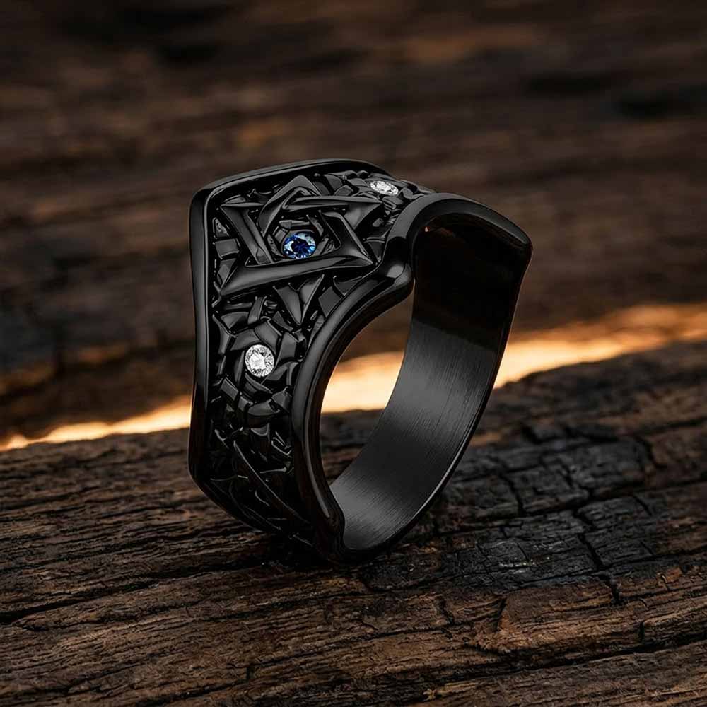 Hexagram Blue Gemstone-Set Stainless Steel Ring
