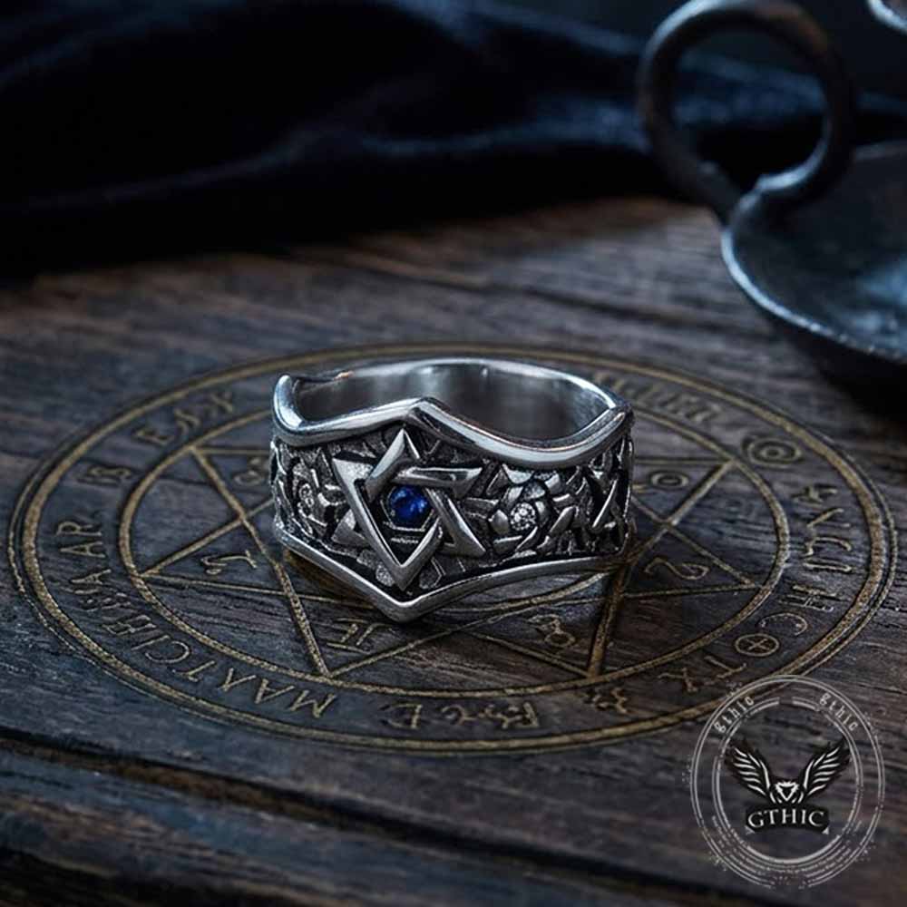 Hexagram Blue Gemstone-Set Stainless Steel Ring