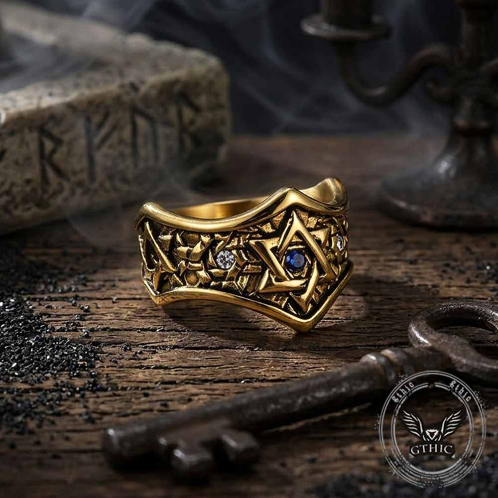 Hexagram Blue Gemstone-Set Stainless Steel Ring