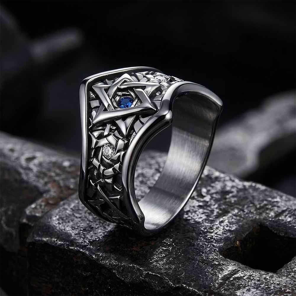 Hexagram Blue Gemstone-Set Stainless Steel Ring