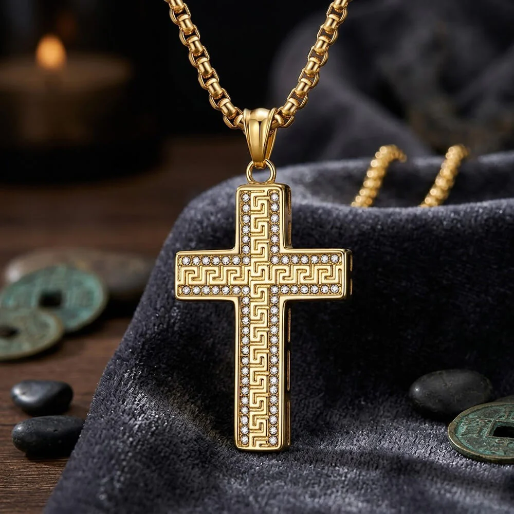 Hip Hop Great Wall Pattern Gem Cross Stainless Steel Pendant