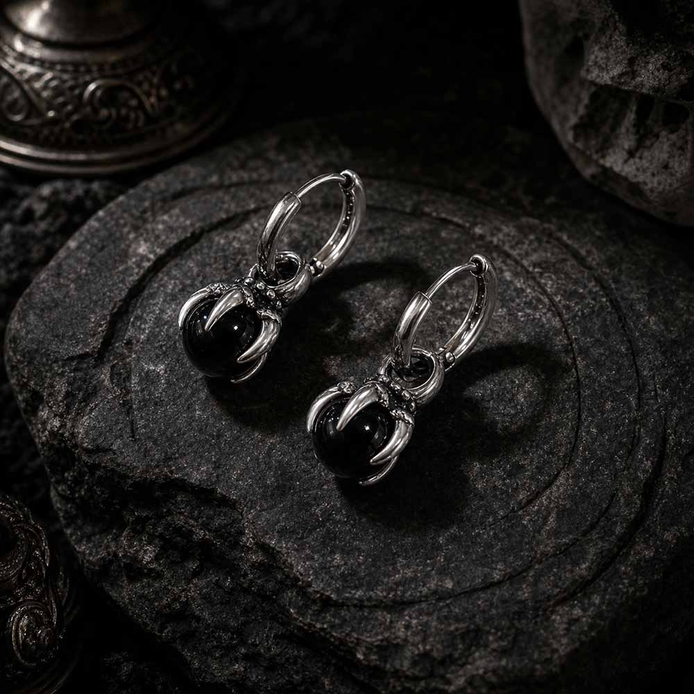 Vintage Dragon Claw Black Agate Stainless Steel Earrings