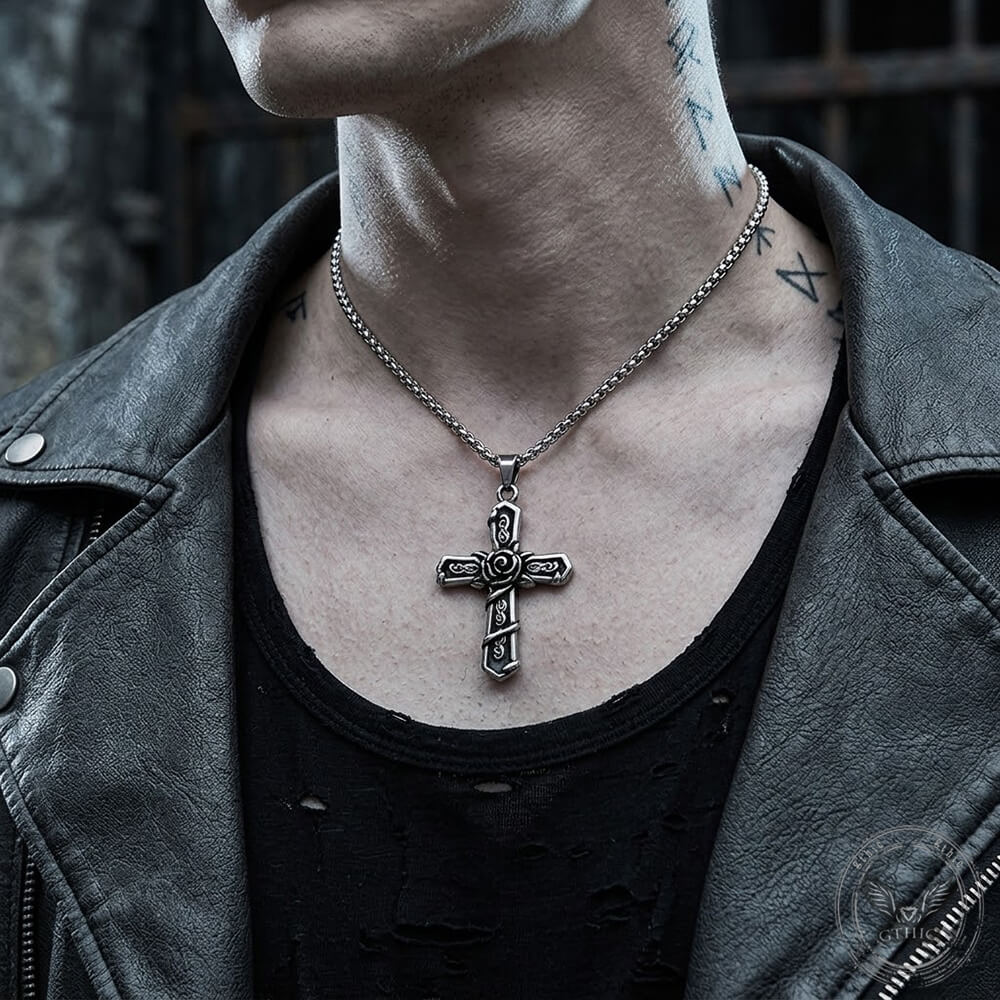 Vintage Snake Rose Cross Stainless Steel Pendant