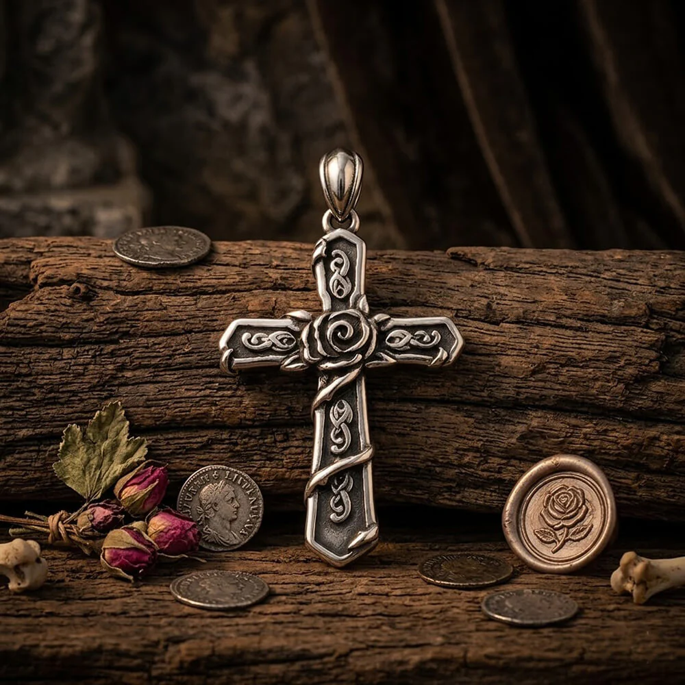 Vintage Snake Rose Cross Stainless Steel Pendant