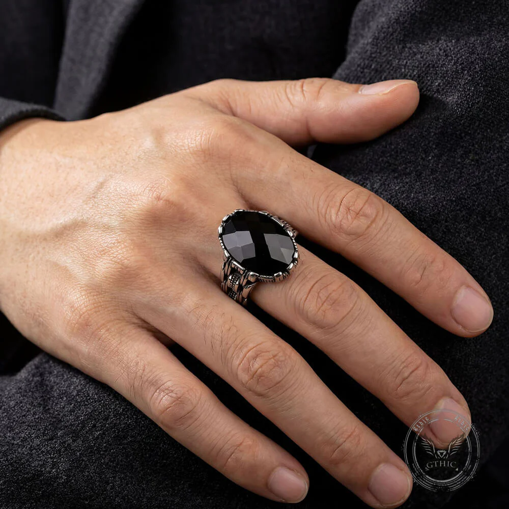 Vintage Chain Black Gemstone Stainless Steel Ring