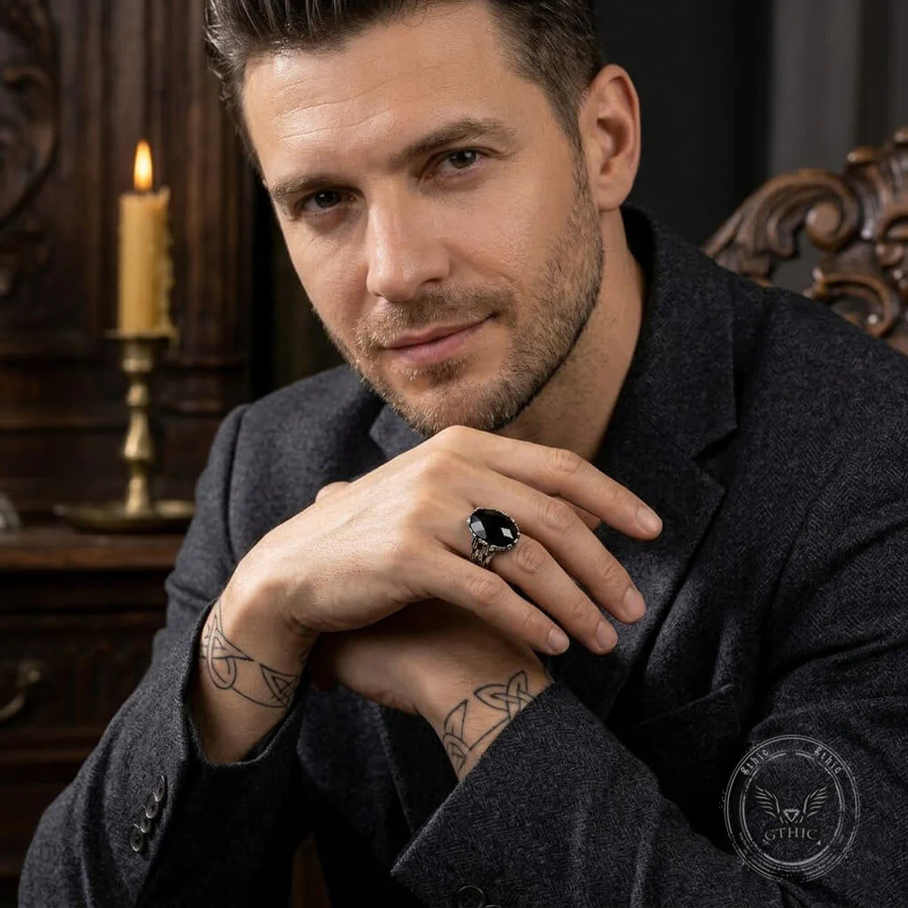 Vintage Chain Black Gemstone Stainless Steel Ring