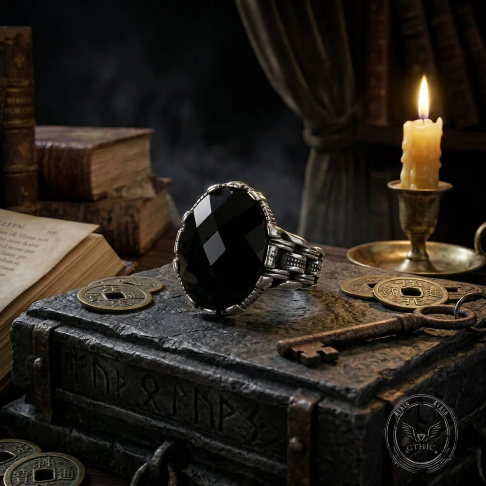 Vintage Chain Black Gemstone Stainless Steel Ring