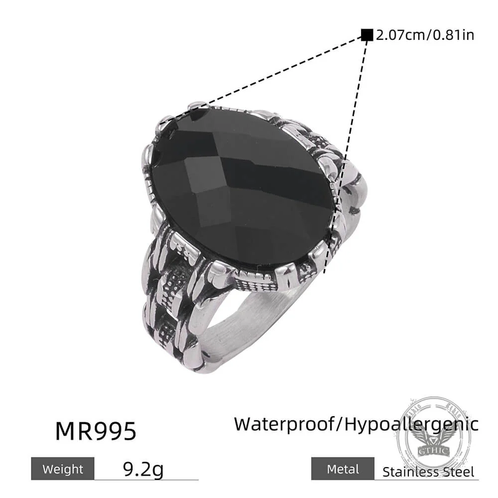 Vintage Chain Black Gemstone Stainless Steel Ring