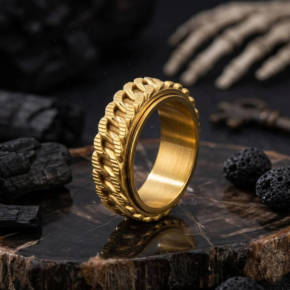 Punk Hip-Hop Cuban Link Stainless Steel Spinner Ring