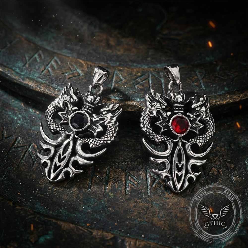 Vintage Double Dragon Gem Sword Stainless Steel Pendant