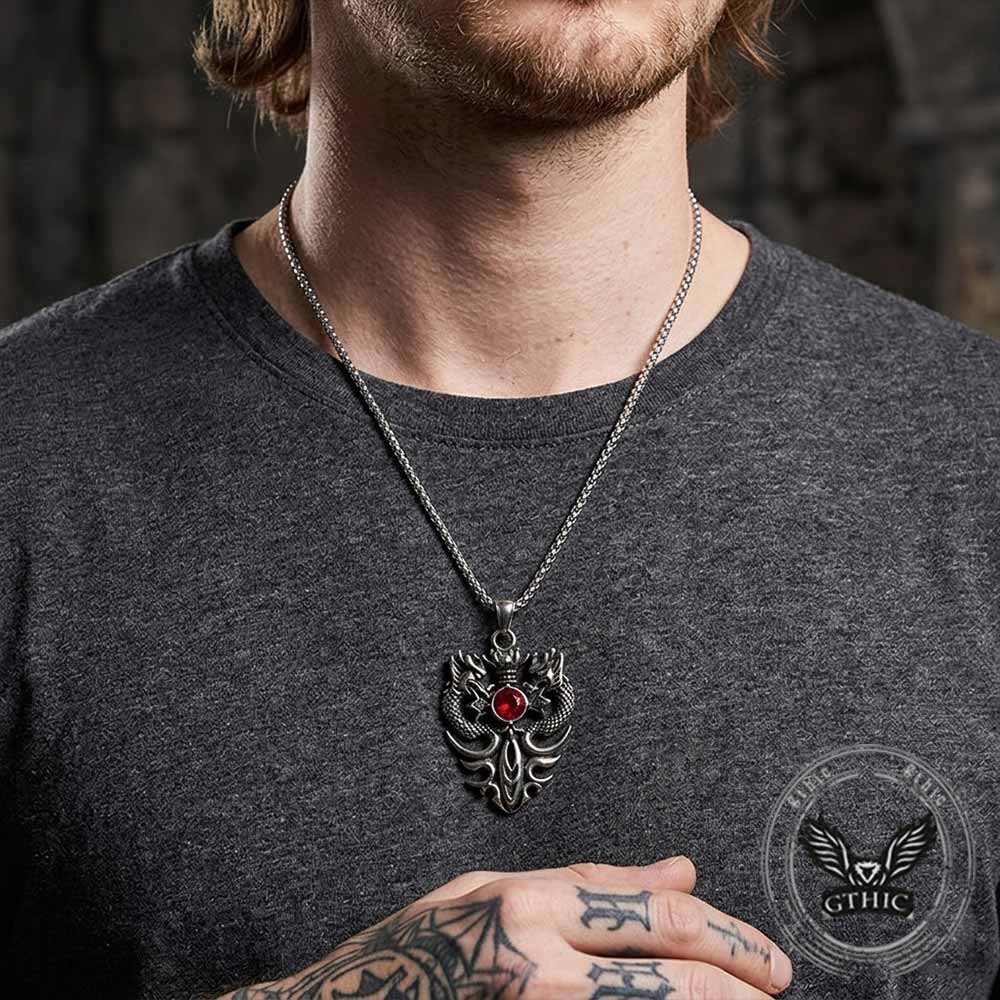 Vintage Double Dragon Gem Sword Stainless Steel Pendant