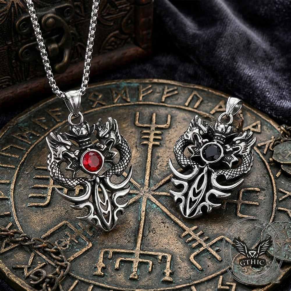 Vintage Double Dragon Gem Sword Stainless Steel Pendant