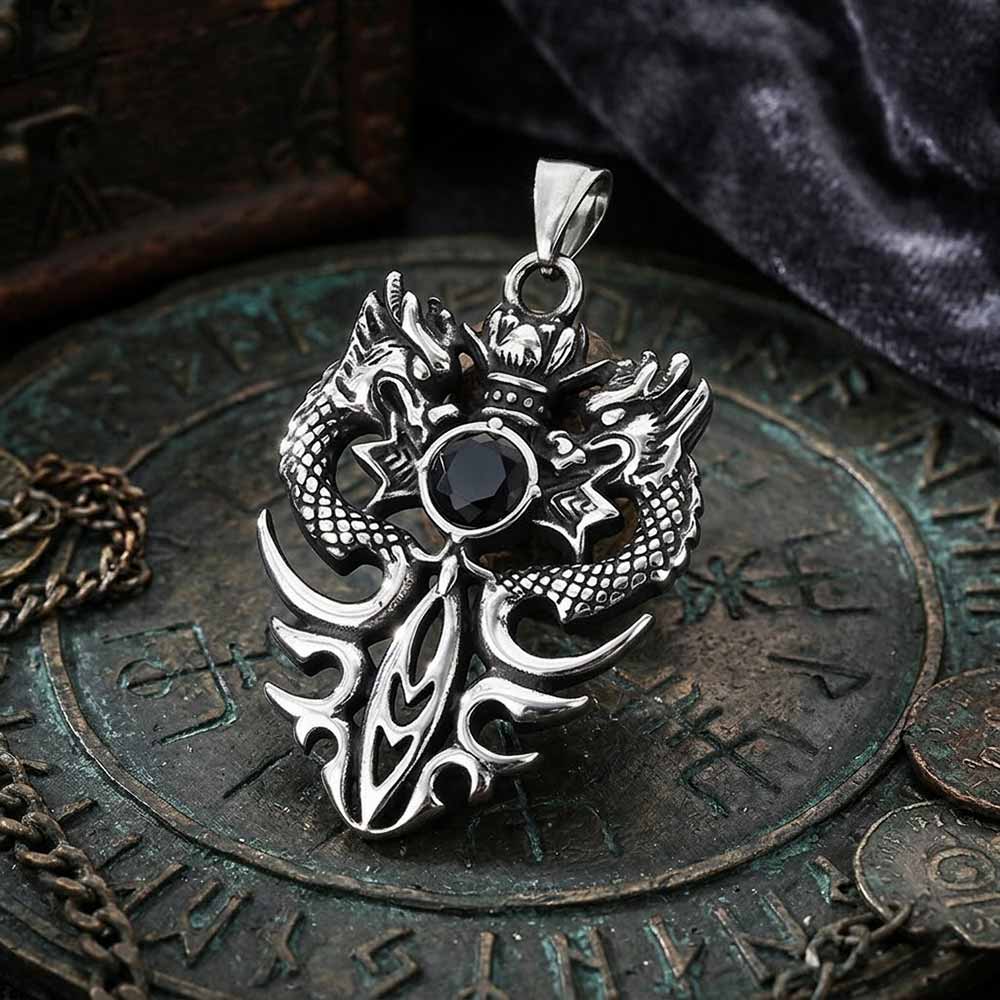 Vintage Double Dragon Gem Sword Stainless Steel Pendant
