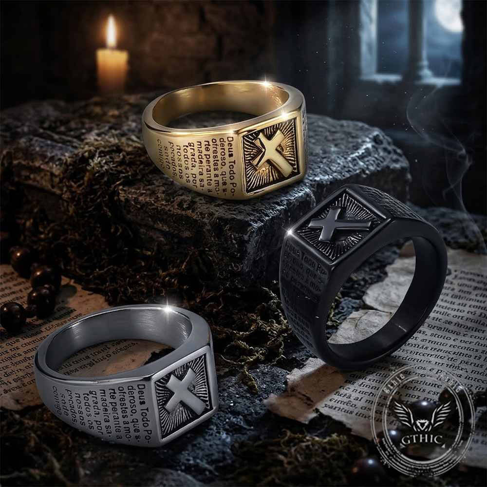 Vintage Cross Prayer Letter Stainless Steel Signet Ring