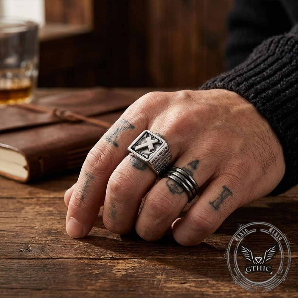 Vintage Cross Prayer Letter Stainless Steel Signet Ring