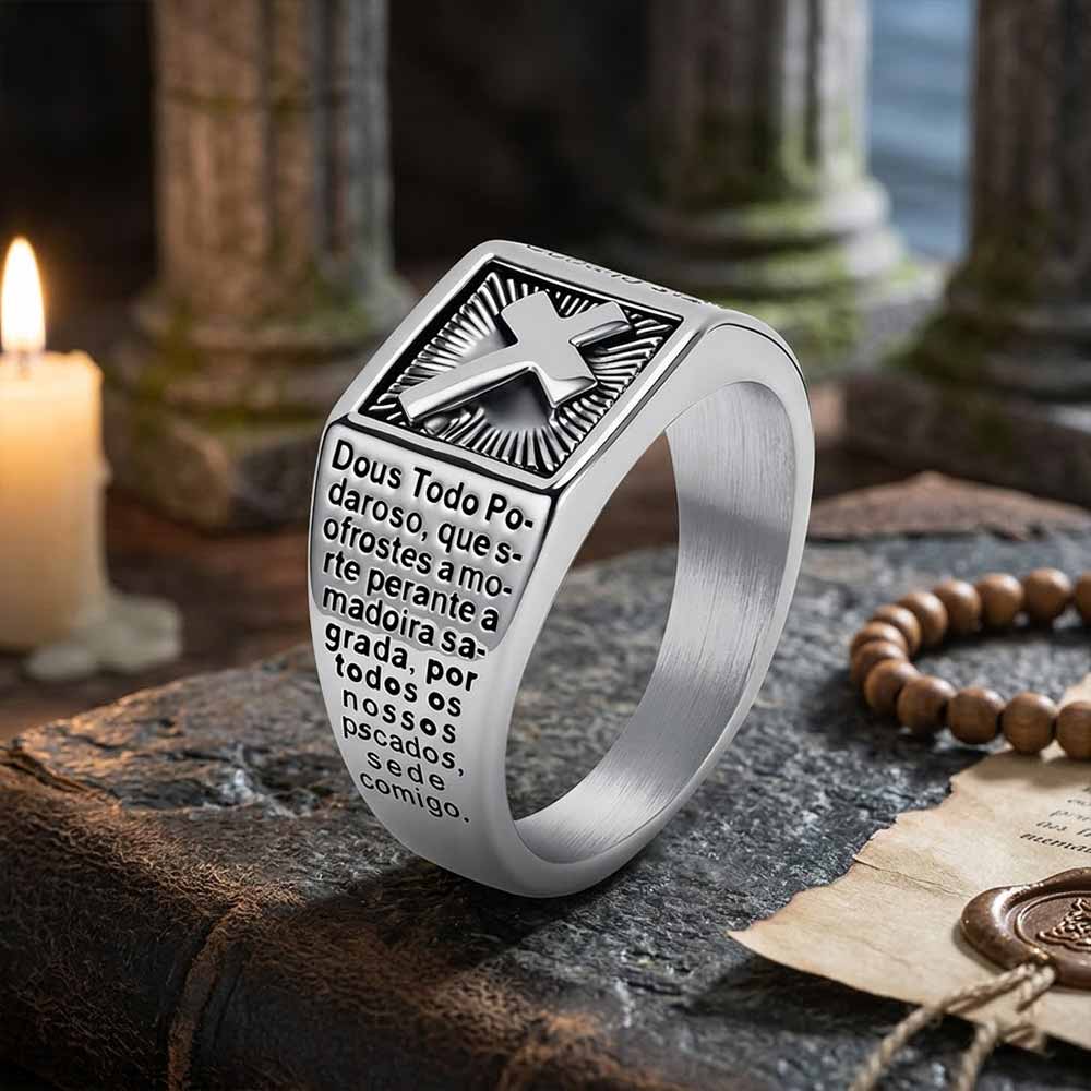 Vintage Cross Prayer Letter Stainless Steel Signet Ring