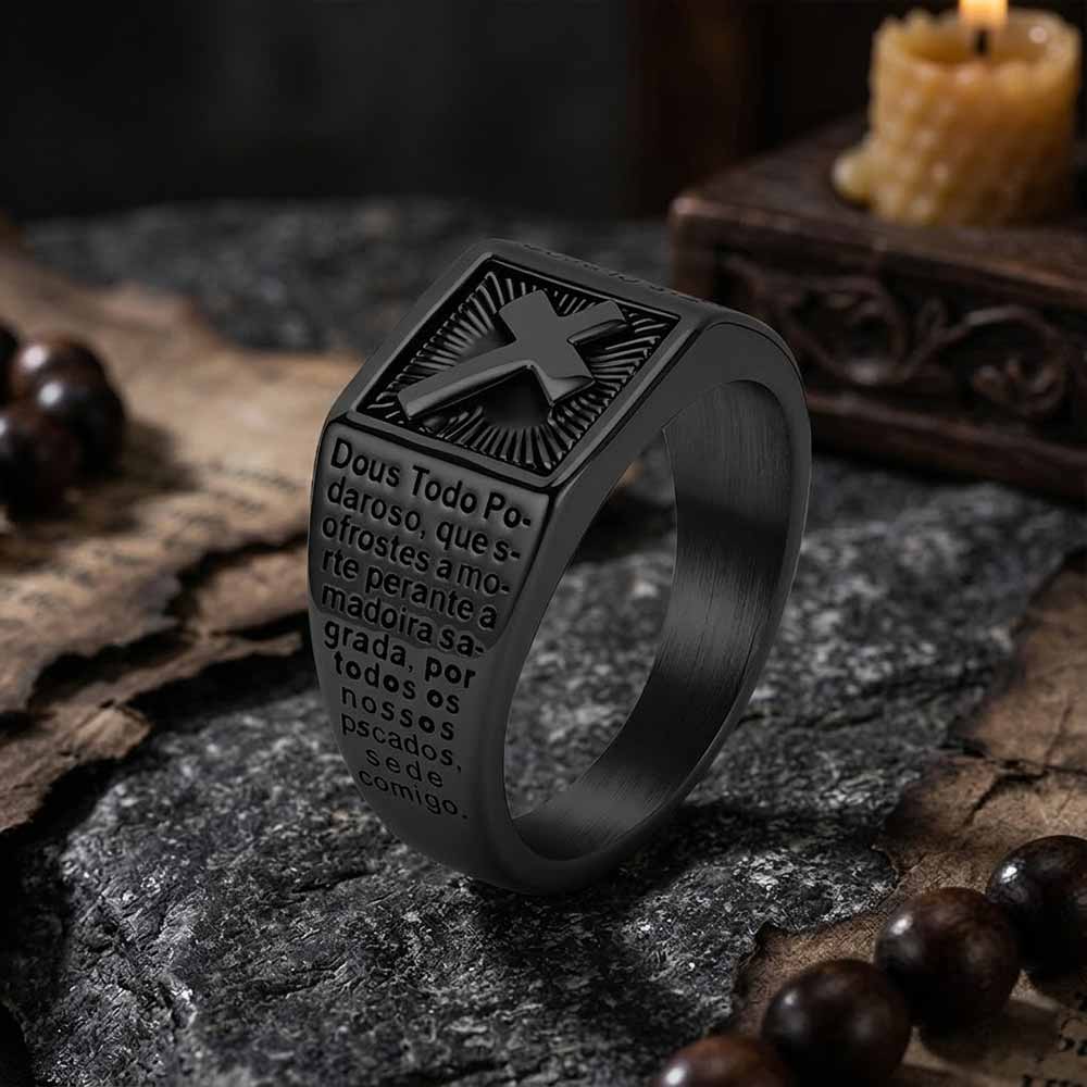 Vintage Cross Prayer Letter Stainless Steel Signet Ring