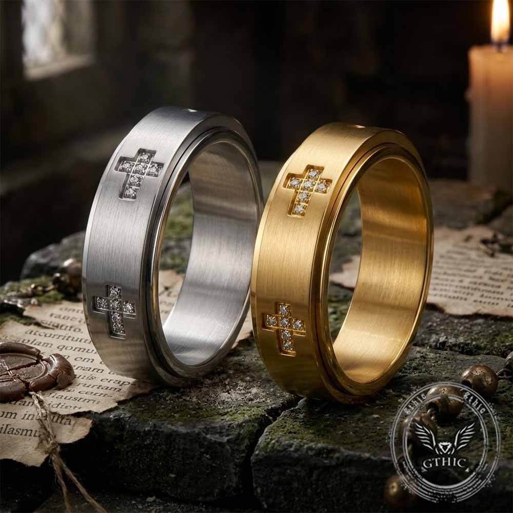 Simple Diamond-Set Cross Stainless Steel Spinner Ring