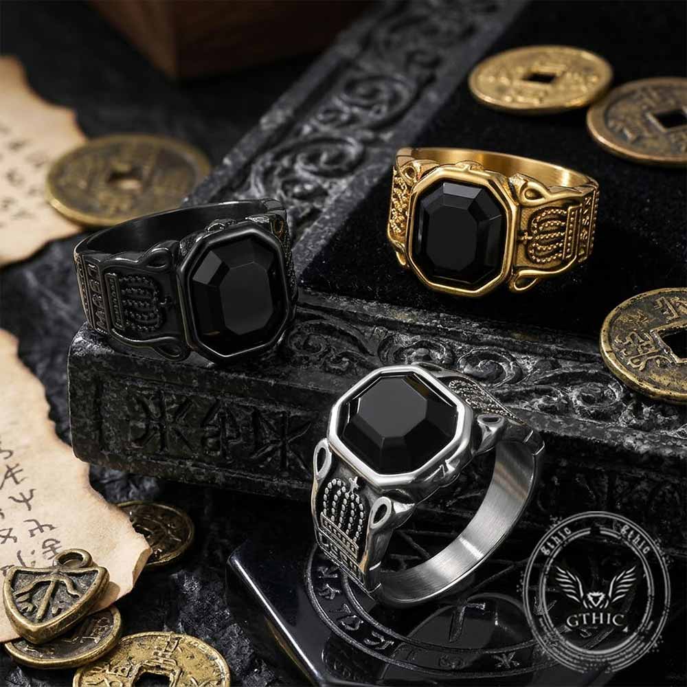 Vintage Black Gem Crown Pattern Stainless Steel Ring