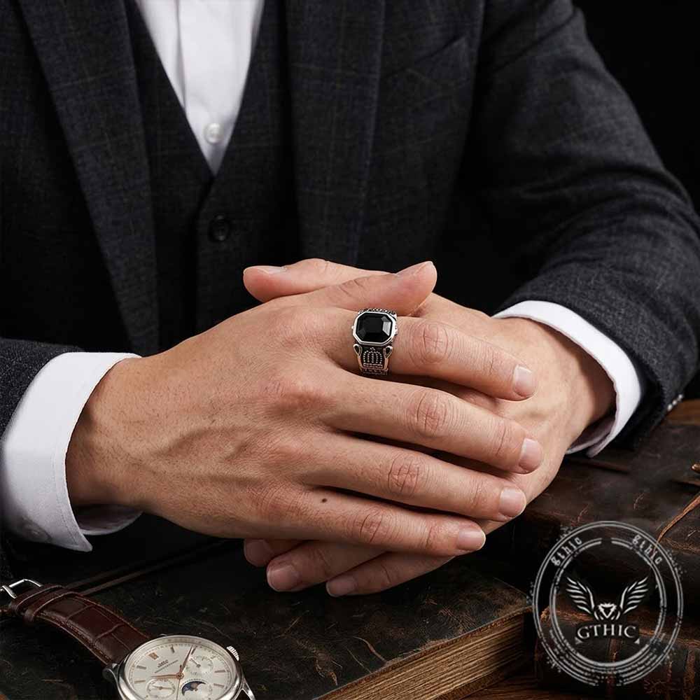 Vintage Black Gem Crown Pattern Stainless Steel Ring