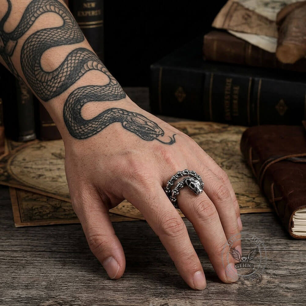Vintage Snake Bone Stainless Steel Skull Open Ring