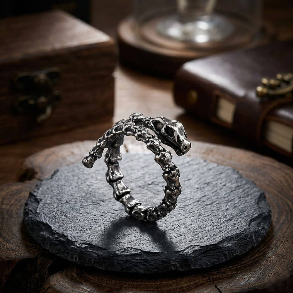 Vintage Snake Bone Stainless Steel Skull Open Ring