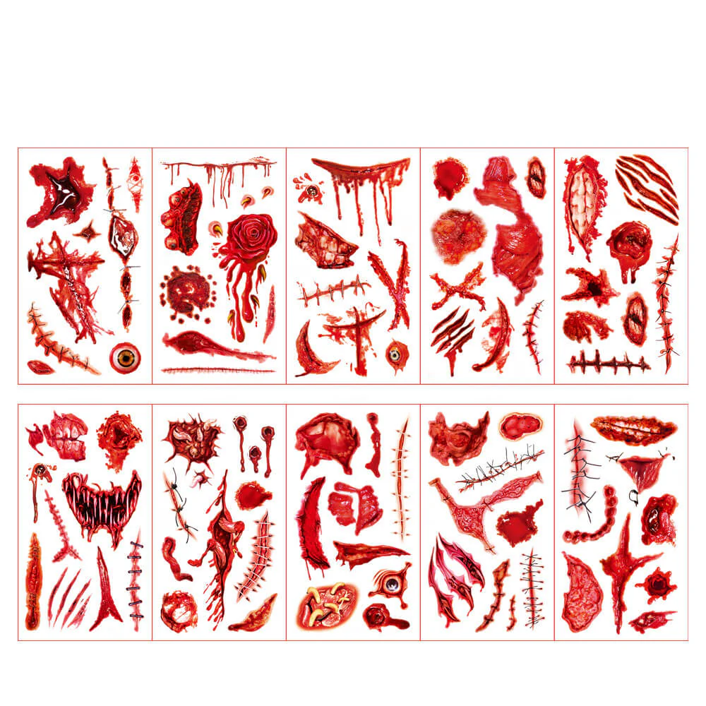 10 Pcs Spooky Wound Halloween Temporary Tattoo Stickers