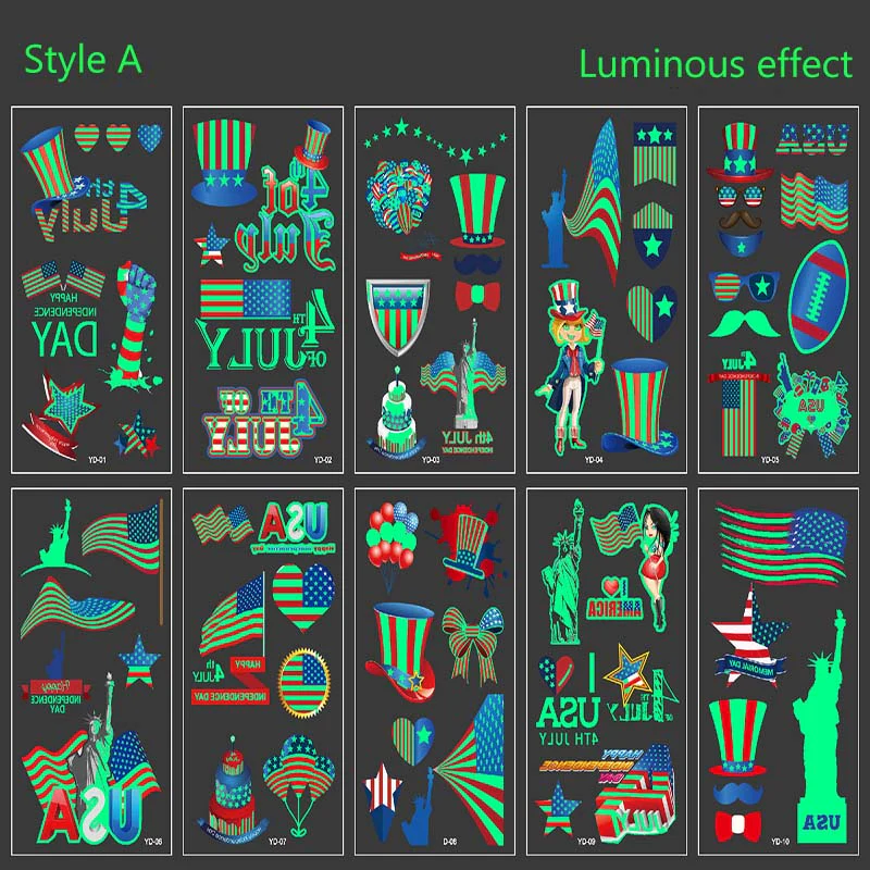 19915-10pcs-luminous-independence-day-tattoos-sticker-1.webp 10Pcs Luminous Independence Day Tattoos Sticker