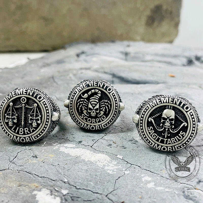 12 Constellations Zodiac Sign Sterling Silver Skull Ring