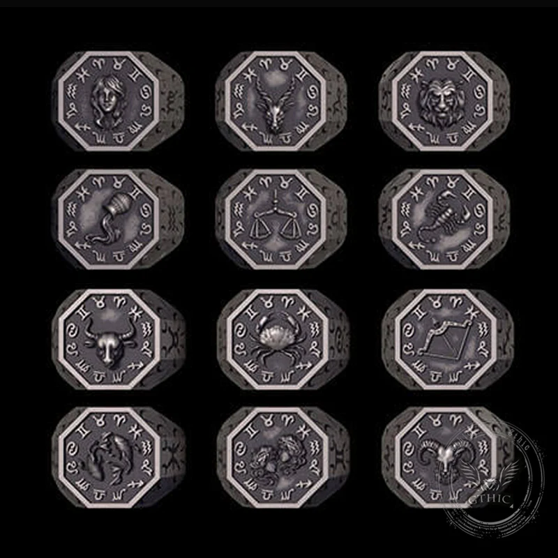 12 Constellations Zodiac Sterling Silver Octagonal Ring