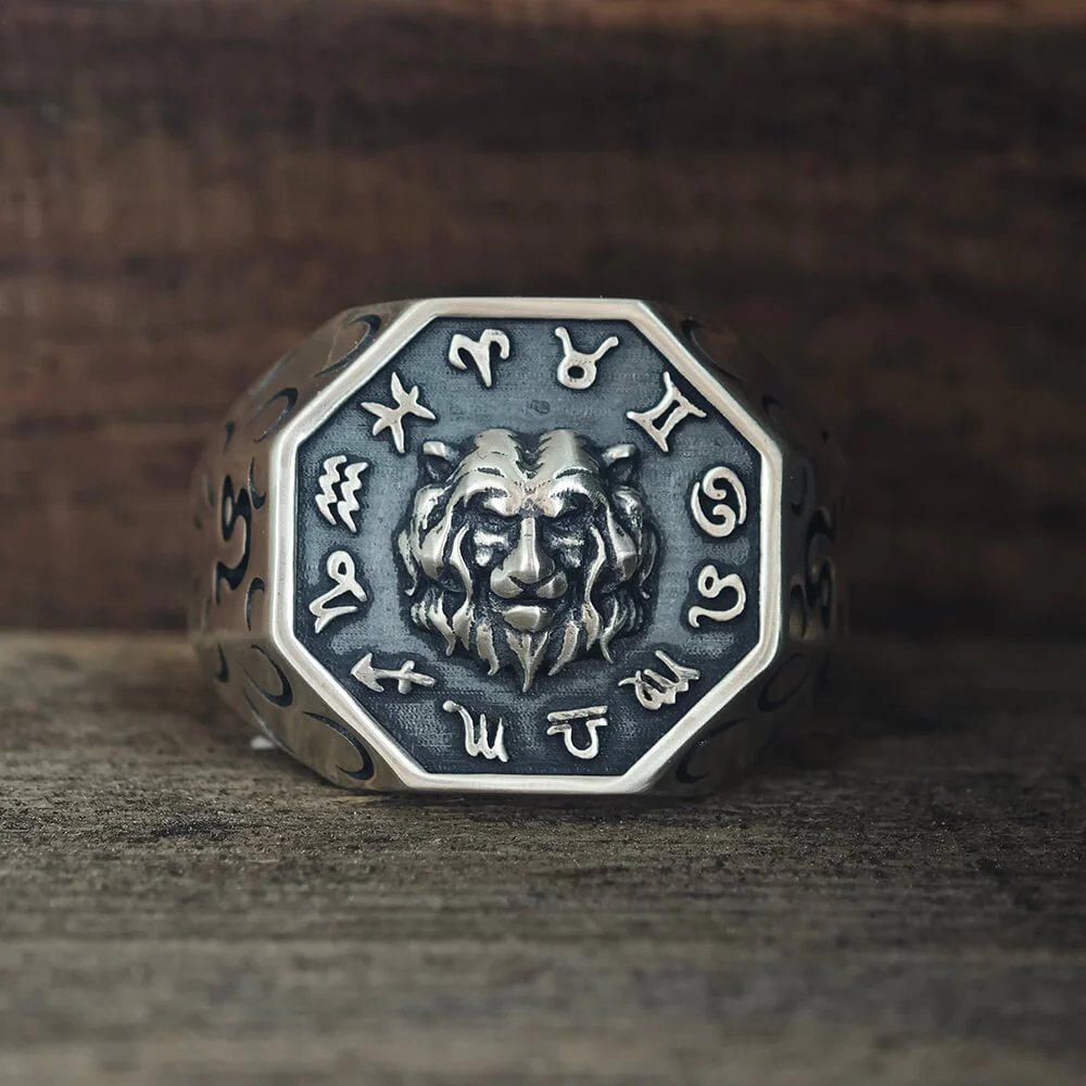 12 Constellations Zodiac Sterling Silver Octagonal Ring