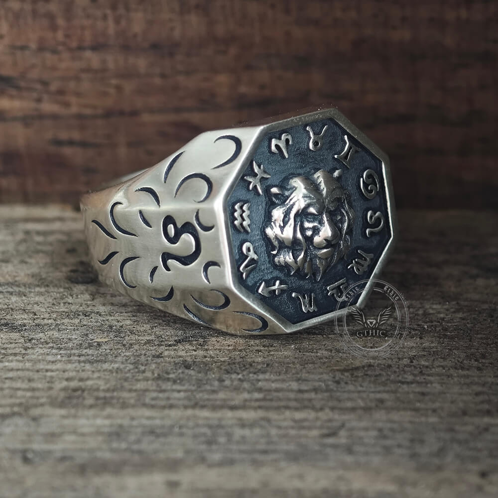 12 Constellations Zodiac Sterling Silver Octagonal Ring