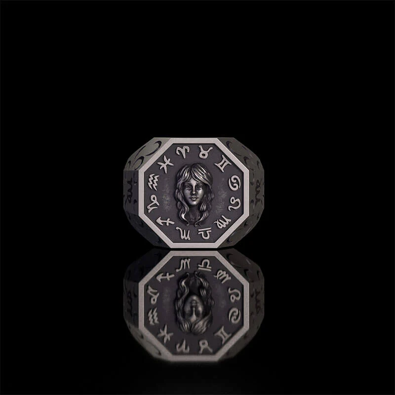 12 Constellations Zodiac Sterling Silver Octagonal Ring