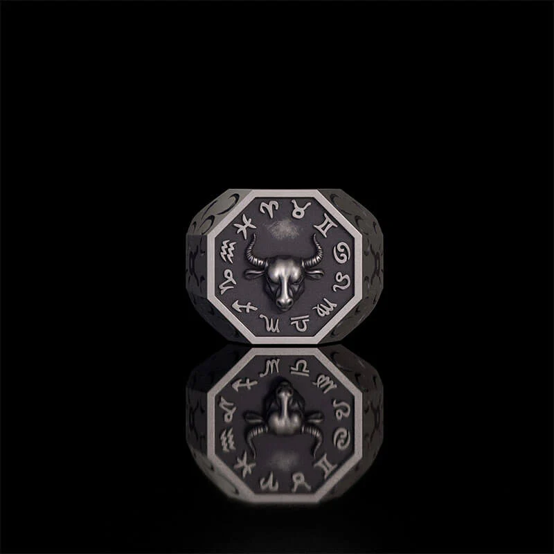 12 Constellations Zodiac Sterling Silver Octagonal Ring