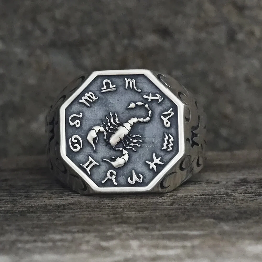 12 Constellations Zodiac Sterling Silver Octagonal Ring