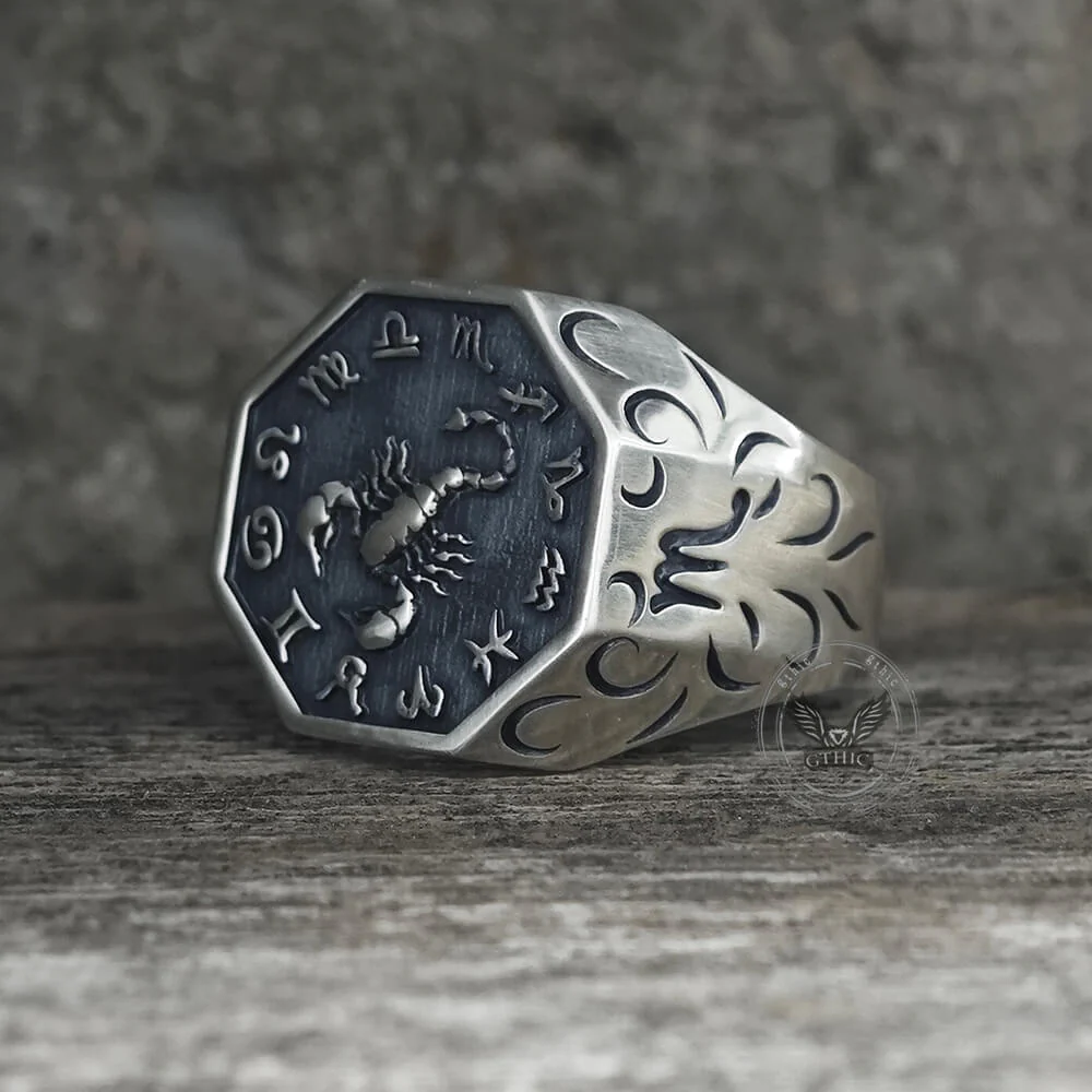 12 Constellations Zodiac Sterling Silver Octagonal Ring