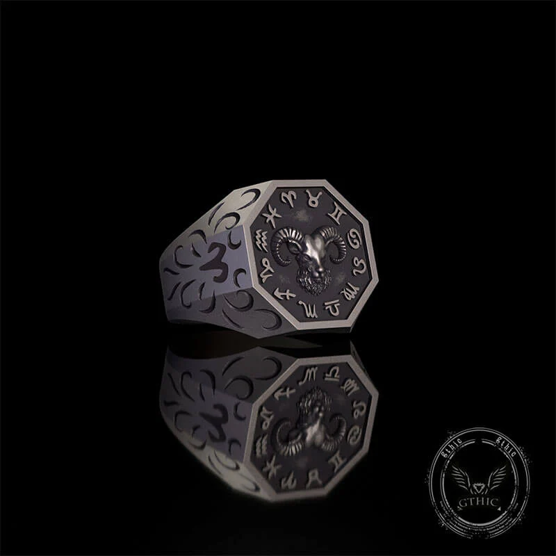 12 Constellations Zodiac Sterling Silver Octagonal Ring