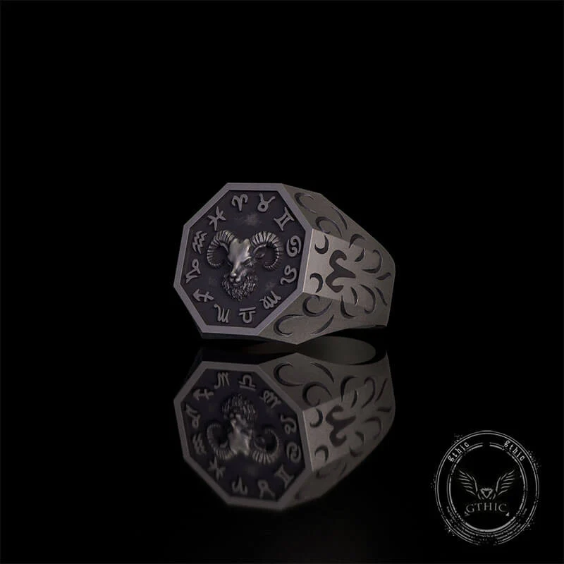 12 Constellations Zodiac Sterling Silver Octagonal Ring