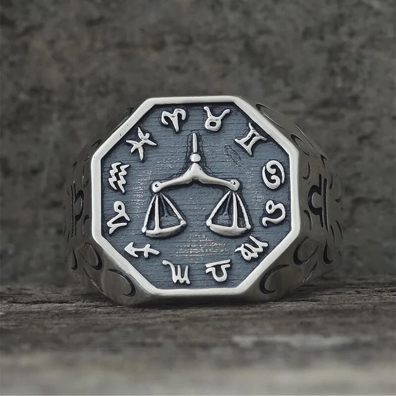 12 Constellations Zodiac Sterling Silver Octagonal Ring
