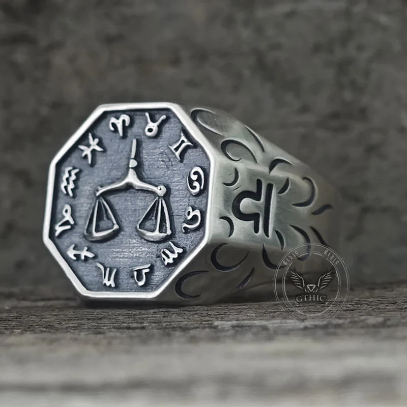 12 Constellations Zodiac Sterling Silver Octagonal Ring