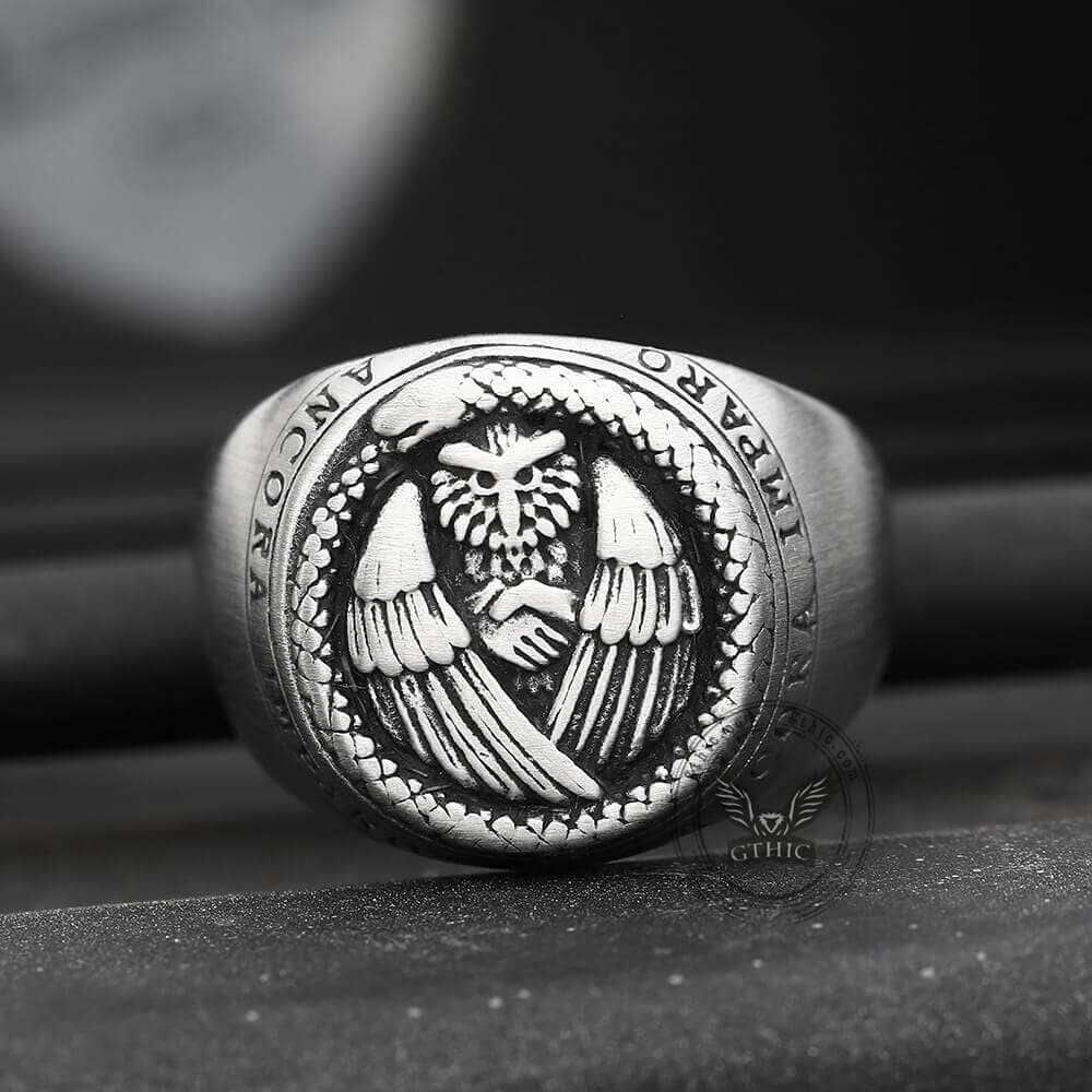 3148-owl-and-ouroboros-stainless-steel-ring-1.jpg Owl And Ouroboros Stainless Steel Ring