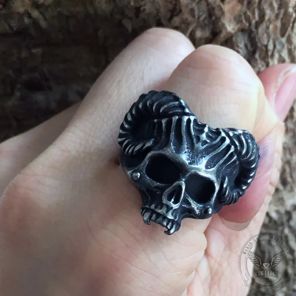 Horned Devil Stainless Steel Skull Ring