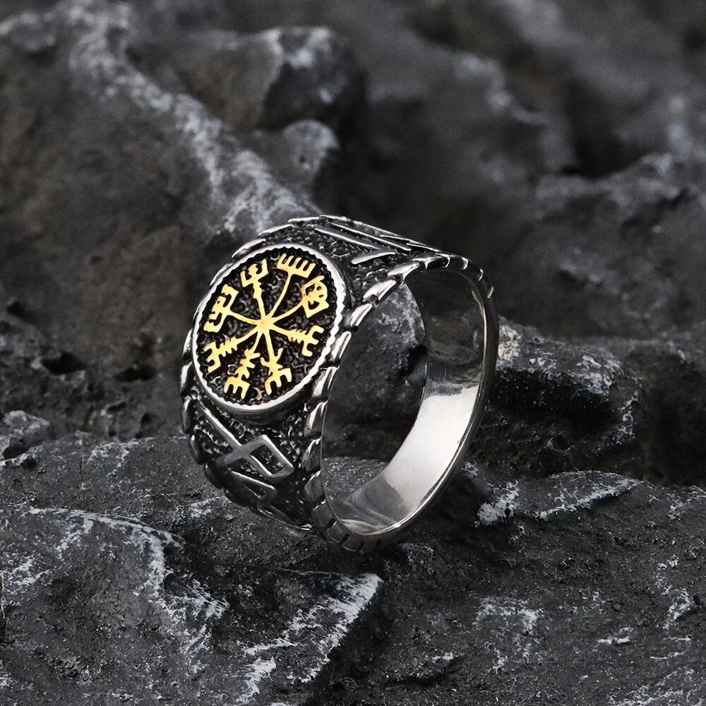 Vegvisir and Runes Stainless Steel Viking Ring