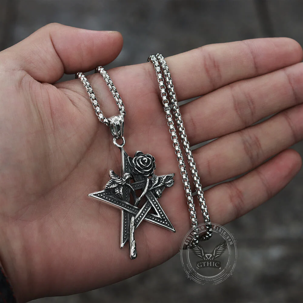 Rose And Pentagram Stainless Steel Pendant